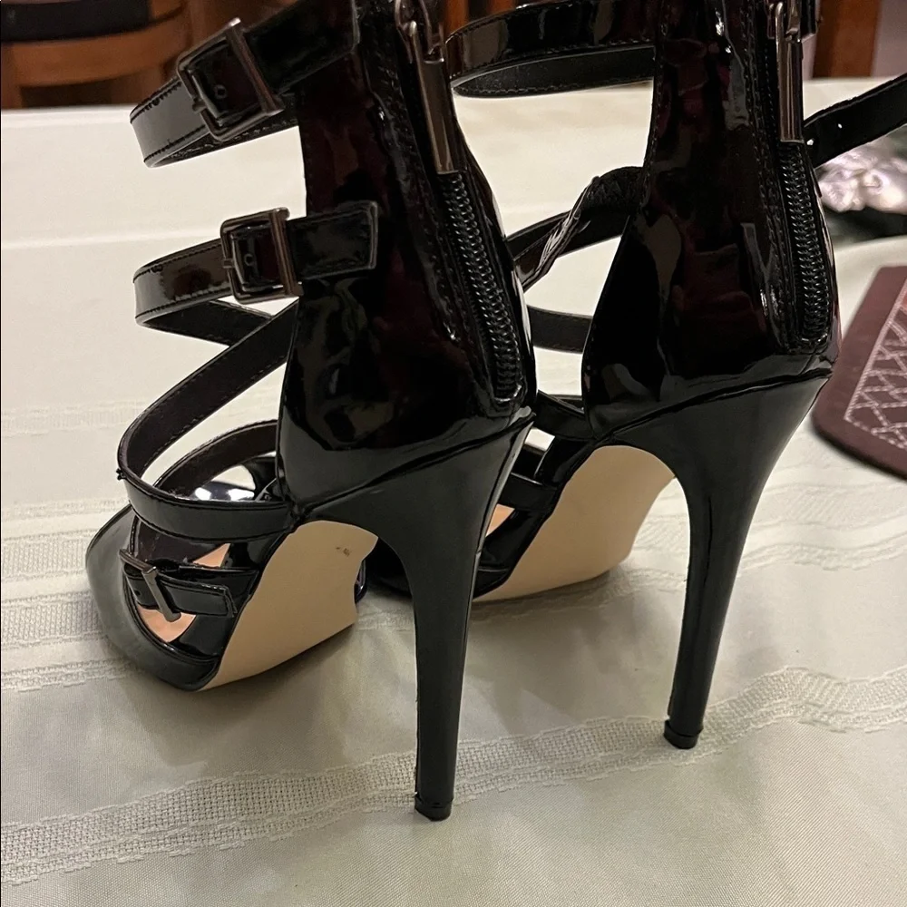 Shoe Dazzle Glossy Black Strappy Heels Size 6.5
